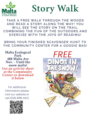 dino storywalk in the snow